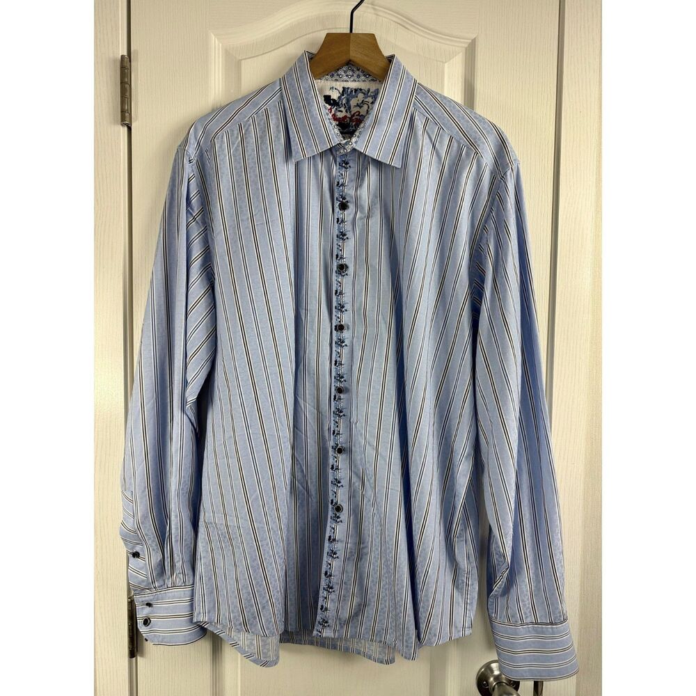 Robert Graham Blue Stripe Embroidered Long Sleeve Button Up Shirt Men's 2XL READ